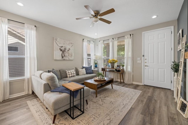 116 Buttercup Trl, Georgetown, TX 78633 - living area with wood finished floors, ceiling fan, and recessed lighting