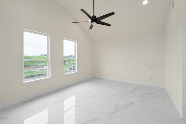 459 Rancho Linda Dr, Lockhart, TX 78644 - empty room featuring baseboards, ceiling fan, recessed lighting, high vaulted ceiling, and marble finish floor