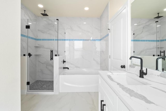 459 Rancho Linda Dr, Lockhart, TX 78644 - full bathroom with recessed lighting, a bath, marble finish floor, and a marble finish shower