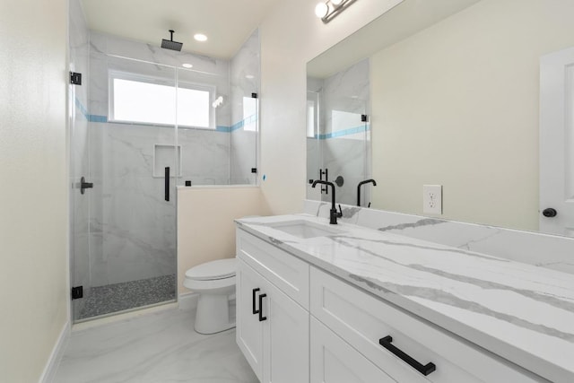 459 Rancho Linda Dr, Lockhart, TX 78644 - full bathroom with marble finish floor, vanity, a marble finish shower, and toilet