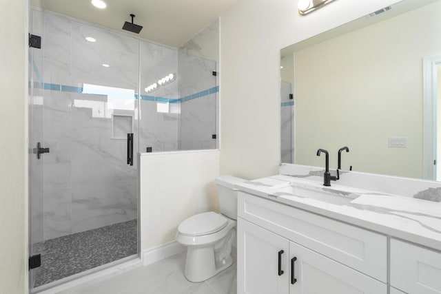 459 Rancho Linda Dr, Lockhart, TX 78644 - bathroom featuring a marble finish shower, visible vents, toilet, and marble finish floor