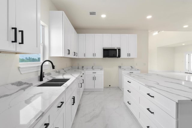 459 Rancho Linda Dr, Lockhart, TX 78644 - kitchen with a sink, stainless steel microwave, recessed lighting, and light stone countertops