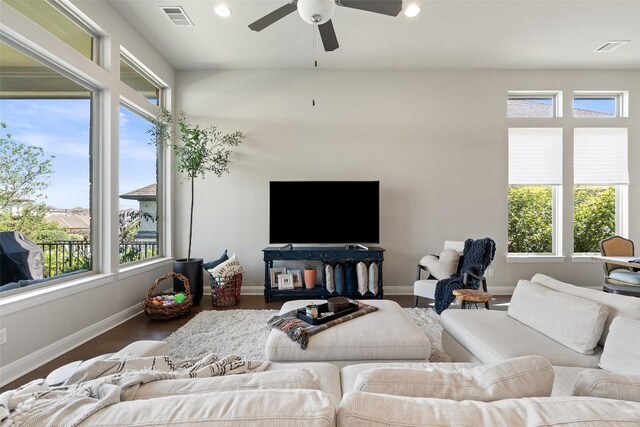 234 Sumalt Gap Way, Lakeway, TX 78738 - living room featuring ceiling fan, wood finished floors, and recessed lighting