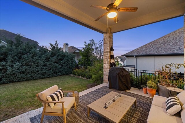 234 Sumalt Gap Way, Lakeway, TX 78738 - patio terrace at dusk with ceiling fan, a patio area, and a grill