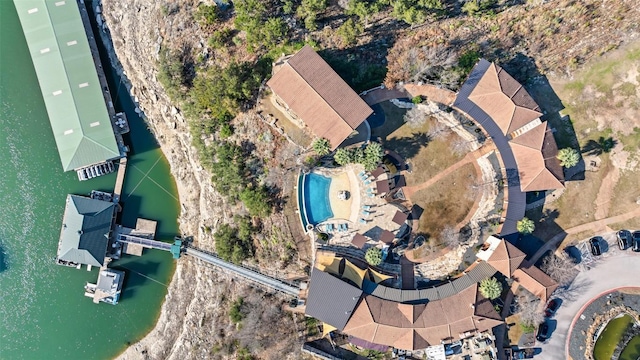 234 Sumalt Gap Way, Lakeway, TX 78738 - aerial overview of property's location featuring a pool area and a nearby body of water