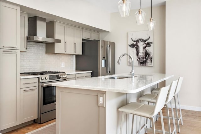 kitchen featuring wall chimney range hood, backsplash, light wood-style floors, stainless steel appliances, and a sink