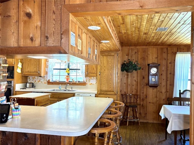 kitchen featuring dark wood-style flooring, a sink, light countertops, wood walls, and wooden ceiling