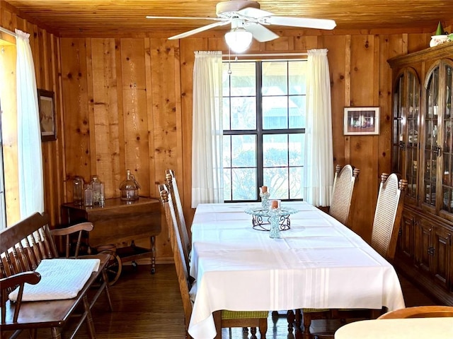 dining area featuring wood walls, wooden ceiling, a ceiling fan, and wood finished floors