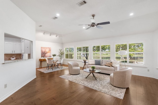 30203 Hacienda Ln, Georgetown, TX 78628 - living room featuring a ceiling fan, track lighting, dark wood finished floors, lofted ceiling, and recessed lighting