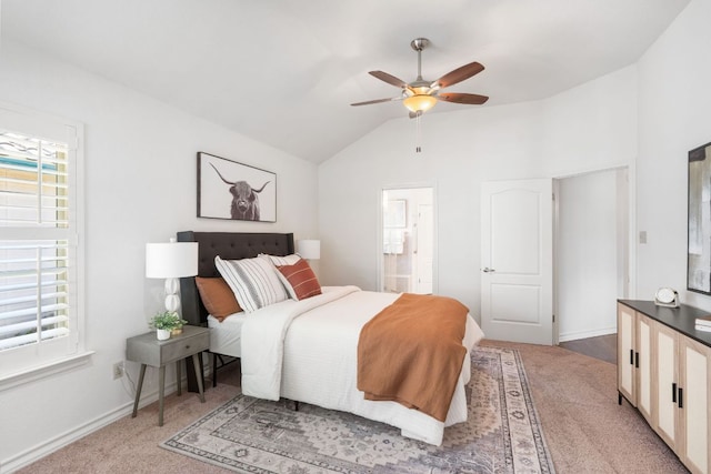 30203 Hacienda Ln, Georgetown, TX 78628 - bedroom with carpet, lofted ceiling, connected bathroom, and a ceiling fan