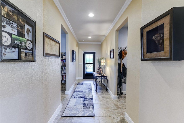603 Archer Ln, Georgetown, TX 78633 - corridor featuring ornamental molding, baseboards, recessed lighting, and a textured wall