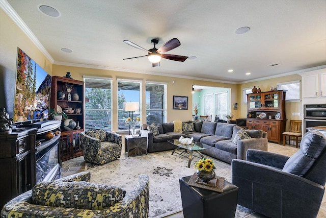 603 Archer Ln, Georgetown, TX 78633 - living room with crown molding and a ceiling fan