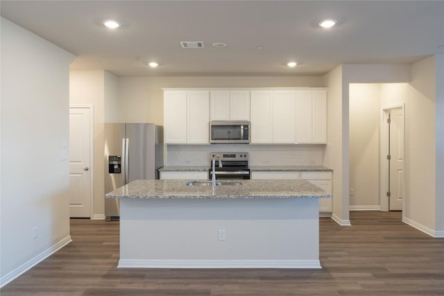 1850 Settlers Glen Dr Unit 904, Round Rock, TX 78665 - kitchen with an island with sink, dark wood-style floors, visible vents, decorative backsplash, and appliances with stainless steel finishes