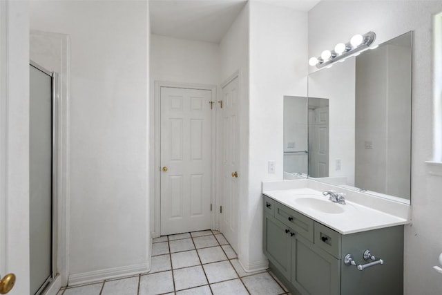 403 Rogart Dr, Spicewood, TX 78669 - bathroom with tile patterned flooring, a shower stall, vanity, and baseboards