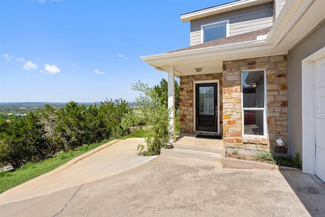 403 Rogart Dr, Spicewood, TX 78669 - doorway to property featuring stone siding