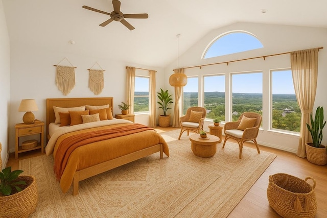 403 Rogart Dr, Spicewood, TX 78669 - bedroom with a ceiling fan, vaulted ceiling, and light wood-type flooring