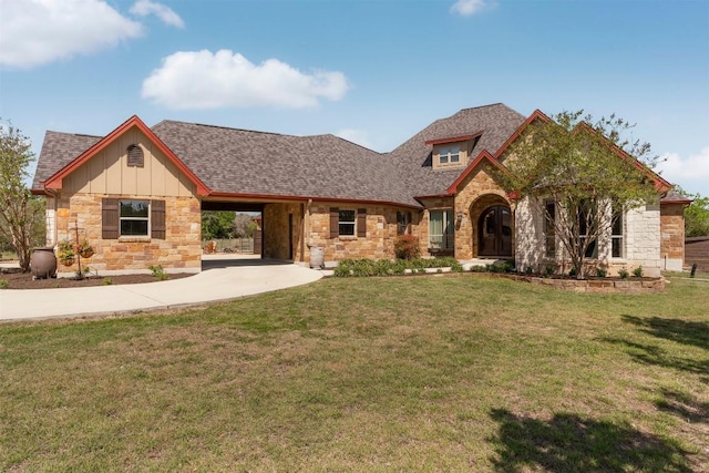 617 Chama Trce, Dripping Springs, TX 78620 - view of front facade with stone siding, board and batten siding, driveway, a front lawn, and a carport