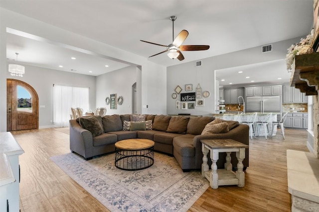 617 Chama Trce, Dripping Springs, TX 78620 - living room featuring light wood-type flooring, a ceiling fan, and recessed lighting