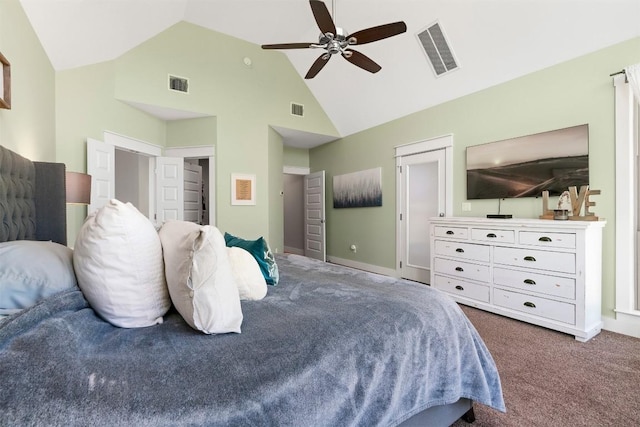 617 Chama Trce, Dripping Springs, TX 78620 - bedroom featuring dark carpet, high vaulted ceiling, a ceiling fan, and baseboards