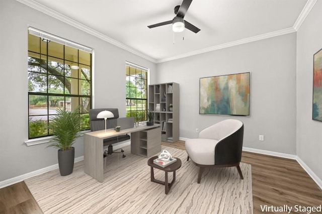 4014 Remington Rd, Cedar Park, TX 78613 - office area with wood finished floors, crown molding, ceiling fan, and baseboards