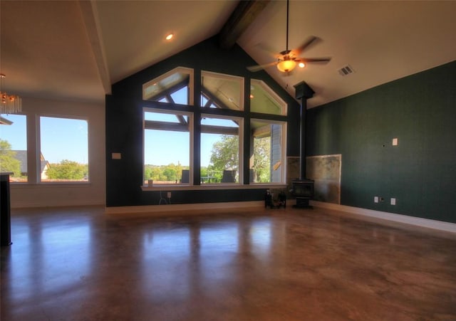 283 Calle Cortez Dr, Buchanan Dam, TX 78609 - unfurnished living room with visible vents, baseboards, concrete flooring, and beam ceiling