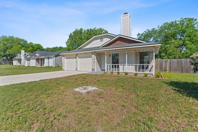 11500 Ruffed Grouse Dr, Austin, TX 78758 - view of front of house with covered porch, an attached garage, driveway, and a chimney
