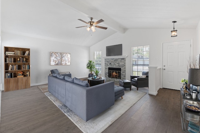 11500 Ruffed Grouse Dr, Austin, TX 78758 - living area featuring ceiling fan, dark wood finished floors, a fireplace, and baseboards
