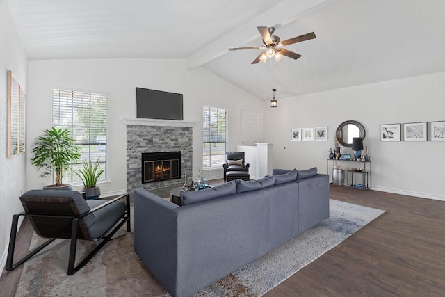 11500 Ruffed Grouse Dr, Austin, TX 78758 - living room featuring dark wood-style floors, a ceiling fan, a fireplace, and baseboards