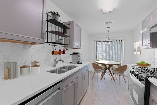 11500 Ruffed Grouse Dr, Austin, TX 78758 - kitchen with a sink, gas range oven, dishwasher, gray cabinetry, and tasteful backsplash
