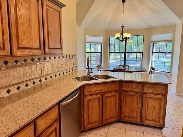 kitchen with brown cabinetry, a peninsula, dishwasher, a sink, and backsplash