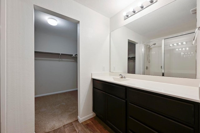 234 Coleto Creek Loop, Kyle, TX 78640 - bathroom featuring a walk in closet, a shower stall, vanity, wood finished floors, and baseboards