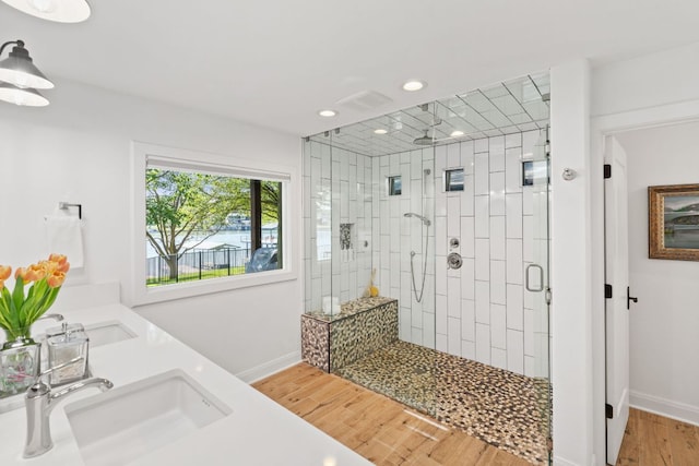 1001 Lakeshore Dr, Marble Falls, TX 78654 - bathroom with baseboards, a sink, recessed lighting, a shower stall, and wood finished floors