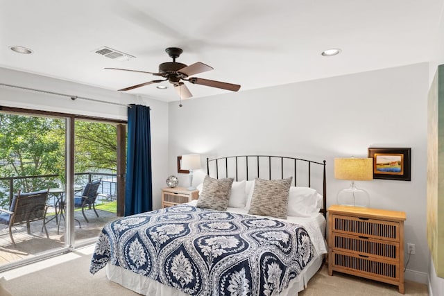 1001 Lakeshore Dr, Marble Falls, TX 78654 - carpeted bedroom with access to exterior, a ceiling fan, visible vents, and recessed lighting
