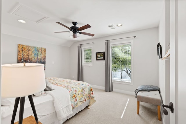 1001 Lakeshore Dr, Marble Falls, TX 78654 - bedroom featuring visible vents, baseboards, recessed lighting, attic access, and light carpet