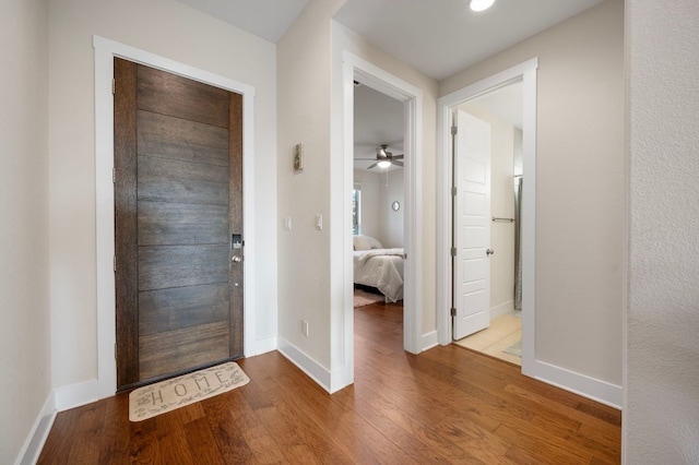 344 Pisa Ln, Georgetown, TX 78628 - foyer with wood finished floors, baseboards, and a ceiling fan