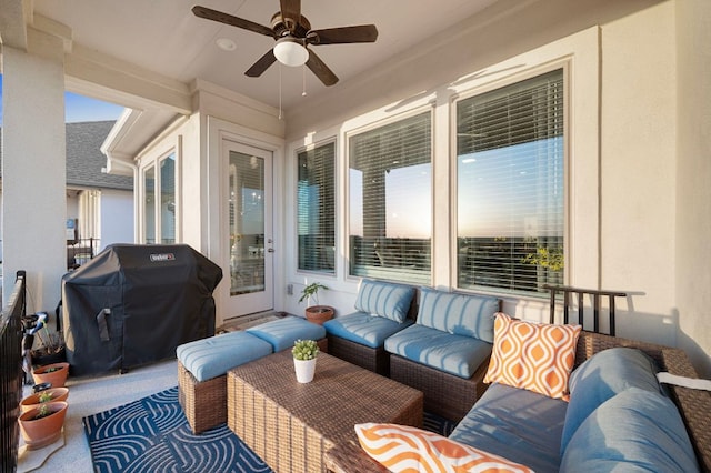 344 Pisa Ln, Georgetown, TX 78628 - view of patio / terrace featuring grilling area, an outdoor living space, and a ceiling fan