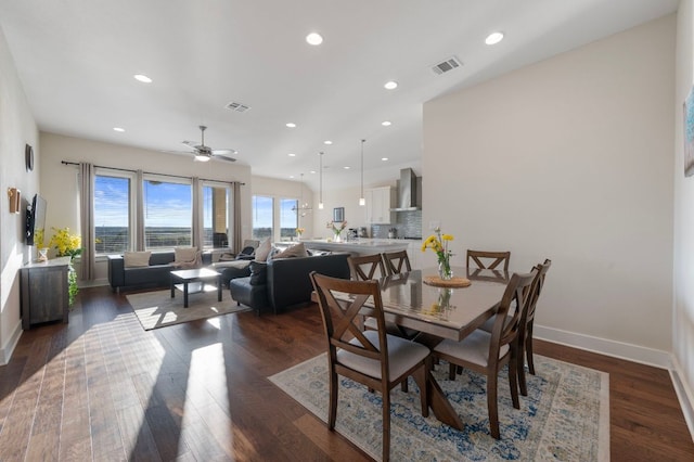344 Pisa Ln, Georgetown, TX 78628 - dining room with a ceiling fan, dark wood finished floors, baseboards, and recessed lighting