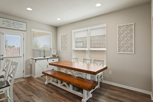dining area featuring baseboards, recessed lighting, and dark wood-style floors