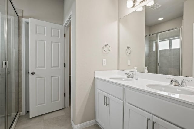 bathroom with double vanity, visible vents, a sink, and a stall shower
