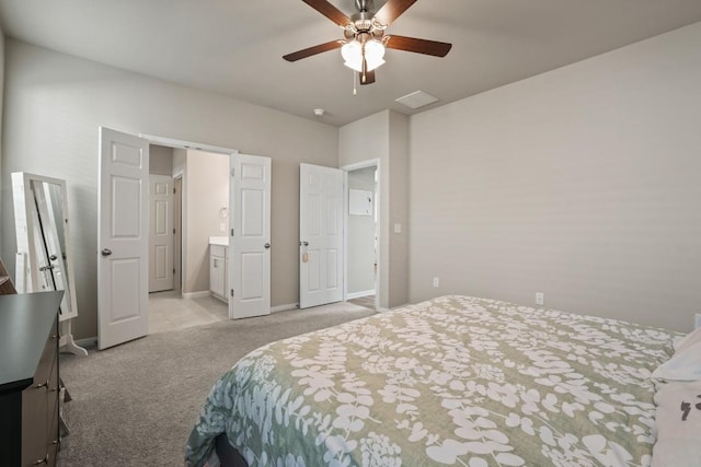 bedroom featuring baseboards, ceiling fan, and light carpet