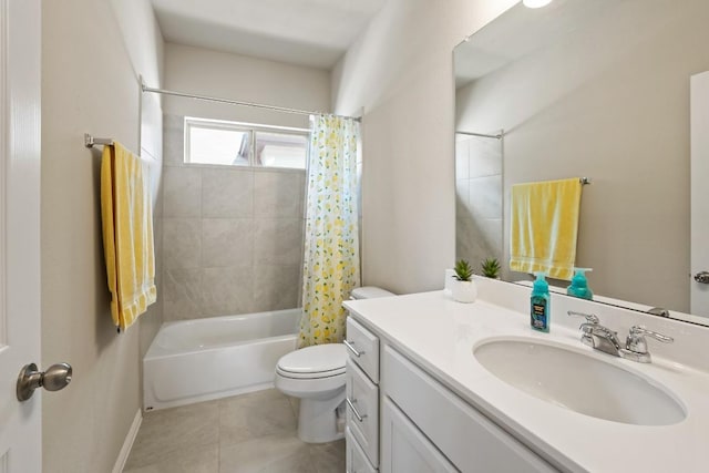 bathroom featuring vanity, tile patterned flooring, toilet, and shower / bath combination with curtain