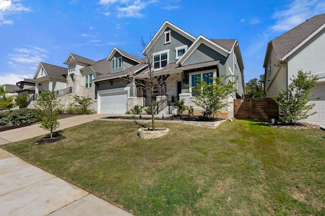 craftsman-style home with stucco siding, stone siding, concrete driveway, and a shingled roof