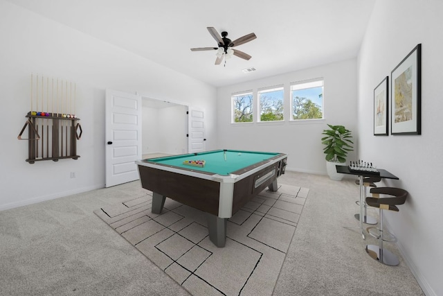 playroom with pool table, carpet floors, ceiling fan, and baseboards