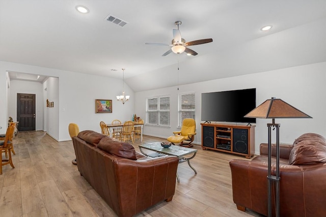 728 Clear Spring Ln, Leander, TX 78641 - living area with ceiling fan, lofted ceiling, light wood finished floors, a chandelier, and recessed lighting