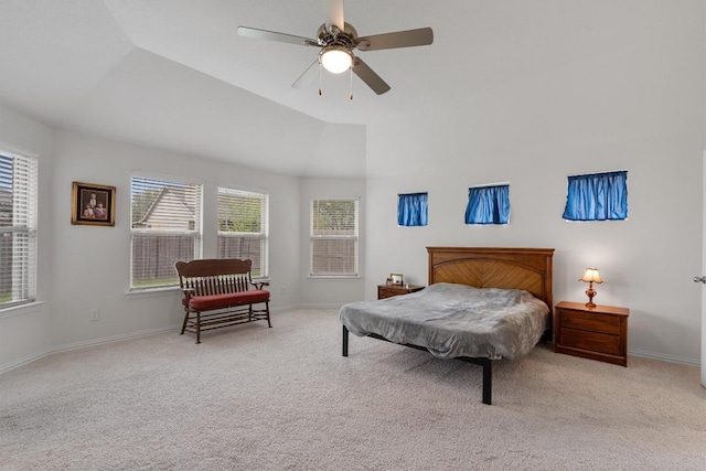728 Clear Spring Ln, Leander, TX 78641 - bedroom with carpet, multiple windows, lofted ceiling, and a ceiling fan