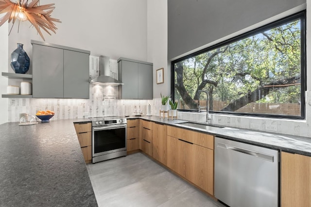 5908 Lakeside Trl, Austin, TX 78734 - kitchen featuring stainless steel appliances, wall chimney exhaust hood, modern cabinets, a sink, and open shelves