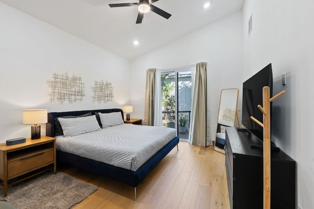 5908 Lakeside Trl, Austin, TX 78734 - bedroom with light wood finished floors, recessed lighting, high vaulted ceiling, ceiling fan, and access to outside