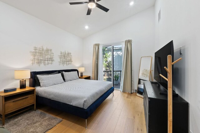 5908 Lakeside Trl, Austin, TX 78734 - bedroom with light wood-style floors, recessed lighting, high vaulted ceiling, ceiling fan, and access to outside
