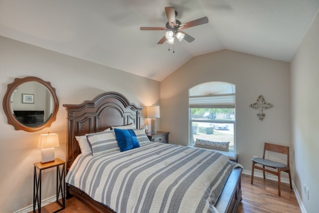 103 Ladera Cv, Marble Falls, TX 78654 - bedroom with vaulted ceiling, wood finished floors, baseboards, and ceiling fan