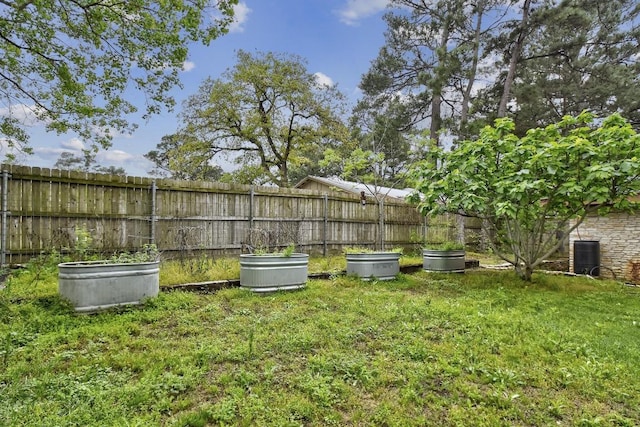 view of yard featuring a vegetable garden and fence
